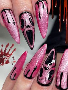 24Pcs Glossy Long Almond Press On Nails Glitter Hot Pink Fake Nails With Ghost And Black Blood Drop Designs Halloween False Nails Set For Women And GirlsI discovered amazing products on SHEIN.com, come check them out!