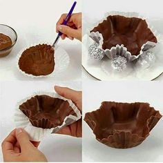 four pictures showing how to make a chocolate cupcake liner with a spoon and wrapper