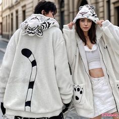 Qteee - Premium Tiger Embroidery Hooded Coat for Couples White Hoodie With Detachable Hood For Winter, White Hooded Outerwear, White Winter Hoodie With Detachable Hood, White Hooded Sweatshirt For Winter, White Cotton Hoodie Outerwear, Embroidered Fall Hoodie Outerwear, Casual White Hooded Jacket With Detachable Hood, White Hooded Outerwear With Adjustable Hood, White Fleece Hooded Jacket For Winter