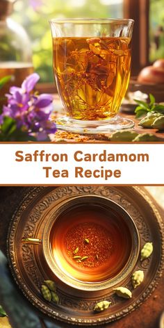 a glass cup filled with tea sitting on top of a wooden table