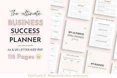 the ultimate business planner is displayed on a pink background with lots of notes and text