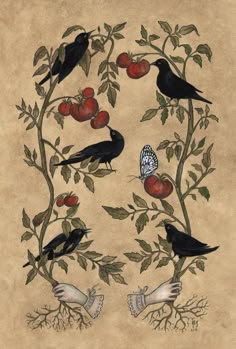 two birds sitting on top of a tree branch with apples and butterflies around the branches