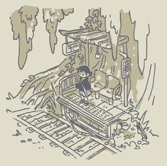 a drawing of a person sitting on top of a train track with trees in the background