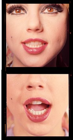 two pictures of a woman's face with different angles and colors on her lips