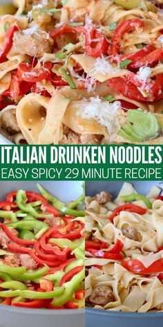 cooked noodles in bowl with bell peppers and italian sausage, and in pot on the stove Drunken Noodles Italian, Italian Drunken Noodles Recipe Easy, Italian Drunken Noodles Recipe, Italian Drunken Noodles With Spicy Italian Sausage, Vegetarian Drunken Noodles, Italian Drunken Noodles, Drunken Noodles