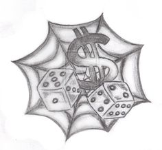 a spider web with dice and dollar sign on it's side, drawn in pencil