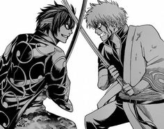 two anime characters with swords in their hands