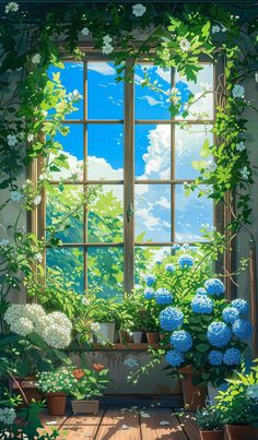 an image of a window with blue flowers and greenery on the windowsills