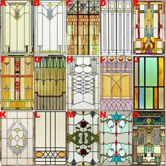 many different stained glass windows are shown in various colors and shapes, including one with an ornamental design