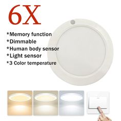 the 6x dimmable light sensor is shown with four different color temperatures and features