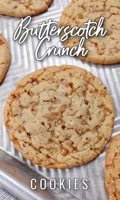 butterscotch crunch cookies on a cookie sheet with the title overlaying it