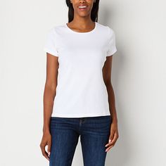 Refresh your basics collection with this St. John's Bay women's short-sleeve t-shirt made from 100% cotton. It's cut for a regular-fit and has a crew neckline. Style it with everything from jeans for a casual day or pants and heels for an evening out. Closure Type: Pullover HeadFit: Regular FitNeckline: Crew NeckSleeve Length: Short SleeveSleeve Style: Cap SleeveApparel Length: 26 Inches - FrontFiber Content: 100% CottonFabric Description: Rib KnitCare: Tumble Dry, Machine WashCertifications And Pants And Heels, Shirt Collection, Crew Neckline, Shirts Tops, Short Sleeves, Womens Shorts, T Shirts For Women, Crew Neck, T Shirts