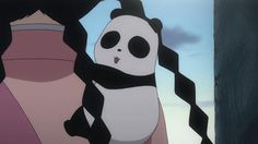 an animated panda with long black hair standing next to another panda