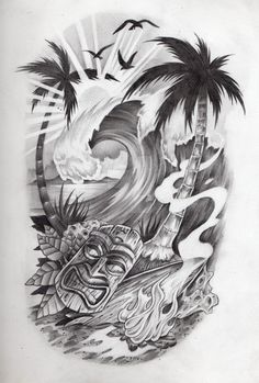 a black and white drawing of an ocean scene with palm trees, waves and boats