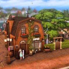 an animated image of two people standing in front of a small brick building with lots of greenery on the roof