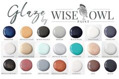 an advertisement for the glazee wise owl paint range, with all different colors