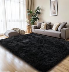 a living room filled with furniture and a black rug