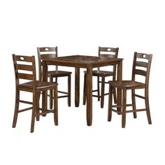 a wooden table and four chairs with one chair up against the other, in front of a white background