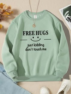 Verde Casual Collar manga larga Tela tejida Dibujos animados,Frase Pullovers Embellished Elástico Ligero Cute Dress Outfits, Casual Preppy Outfits, Cute Outfits For School, Letter Print Sweatshirt, Cute Preppy Outfits, Funny Hoodies