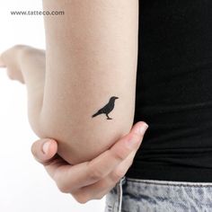 a small black bird tattoo on the right side of her left arm, which is sitting on someone's stomach