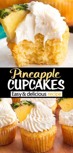 pineapple cupcakes with white frosting and pineapple slices on top are shown