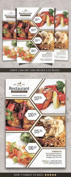 two restaurant flyers with different food items and prices on the front, side and back