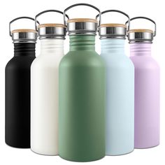 thermos bottles are lined up in different colors and sizes, each with a stainless steel lid