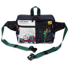 Thor and Loki are featured in Marvel comic-style art on this mighty stylish hip pack. Screen art on the front is divided into ''Super Heroes'' and ''Super Villains,'' with the brothers from Asgard featured in full color, leading their respective squadrons in black and white. There's Spider-Man, Iron Man and others on one side and Doc Ock and other baddies on the other. With a zippered main compartment, front zip pocket, adjustable belt and handy top loop, it's sure to help you conquer your day, Thor And Loki, Doc Ock, New Thor, Screen Art, Hip Pack, Comic Style Art, Comic Style, Family Event, Super Villains