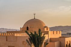 an old building with a dome and palm tree in the foreground, near mountains