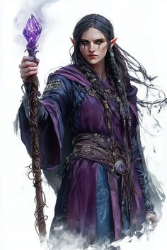 Elowen Sythara has smooth, alabaster skin that contrasts with her long, coal-black hair, which cascades down her back in a series of tight braids. Her eyes are a vibrant emerald, sharp and almond-shaped beneath arches of delicate brows. She dons a deep violet robe adorned with silver runes that shimmer subtly. At her waist hangs a leather satchel filled with various scrolls, and a crystal-topped s... Wizard Dnd, Elf Wizard, Alabaster Skin, Tight Braids, Female Elf, Fantasy Heroes, Fantasy Island, Fantasy Races, Almond Shaped