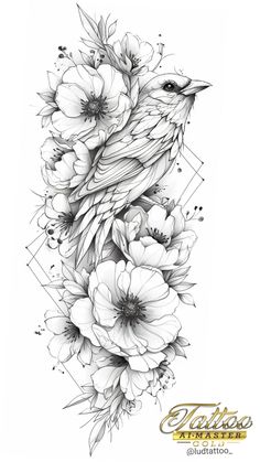 a black and white drawing of a bird with flowers on it's back side