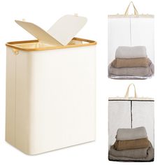 a white laundry hamper with two folded towels and one filled with linens in it