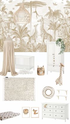 a baby's nursery room with giraffes and other items