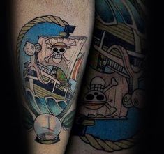 a couple of tattoos on their legs with cartoon characters and ship in the water behind them