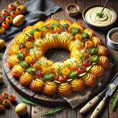 an artfully decorated dish on a wooden platter with utensils and sauces