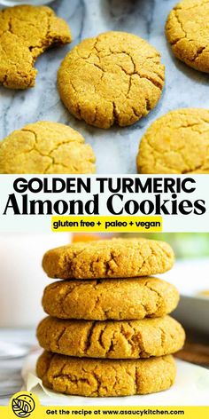 golden tumericic almond cookies stacked on top of each other with the title overlay