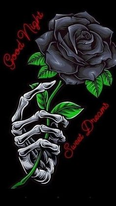 a drawing of a skeleton holding a rose with the words good night written on it