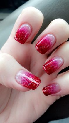 Ombre Nails In Red, Festive Ombre Nails, Red Ombre Nails Dip Powder, Ombre Pink To Red Nails, Ombre Nails For Valentines Day, Red Nails With Pink Glitter, Valentines Ombré Nails, Ombre Pink And Red Nails, Valentine Ombre Nails Design