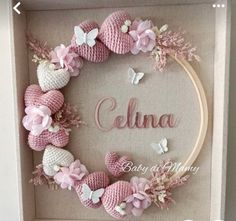 a baby's name is displayed in a frame decorated with pink flowers and butterflies