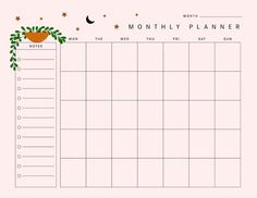 a printable planner with plants and stars on the top, in front of a pink background