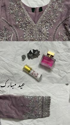 the contents of a dress are laid out on top of each other, including lipstick and perfume