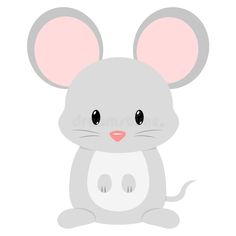 a gray mouse with big ears sitting down and looking at the camera, on a white background