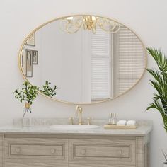 a bathroom vanity with a round mirror above it and a potted plant on the counter