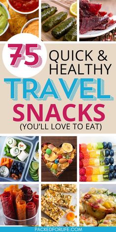 Nine quick and healthy travel snack ideas; fruit kabobs, egg muffins, fruit leather, bento box, trail mix, beef jerky, tortilla chips and dip, grape leaves, granola bars. Easy Road Trip Snacks, Best Travel Snacks, Road Trip Snacks For Kids, Travel Snack Ideas, Snack List, Healthy Travel Snacks, Trip Snacks, Road Trip Food, Road Trip Snacks