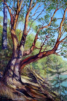 an oil painting of a tree by the water