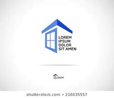 the logo for a real estate company is blue and white with an open window on it