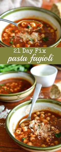 two bowls of pasta fagioa soup on a table with bread and parmesan cheese