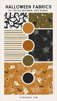 A collage of pattern designs presented via a branding board, by textile designer Erin Kendal. Patterns are cute spooky ghosts, black cats surrounded by stars and crescent moons, spider webs, stripes, and a hero pattern with ghosts, bats, tiny spiders, and spider webs that have BOO woven into them. Boho Halloween Color Palette, Modern Halloween Color Palette, Halloween Trends 2024, Halloween 2023 Trends, Halloween Moodboard, Halloween Pottery, Halloween Cottagecore, Halloween Color Palette, Cottagecore Halloween