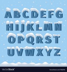 an upper and lower case of the alphabet with snow covered letters on blue sky background