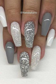 Updos Prom, Grey Nails, Grey Nail Designs, White Glitter Nails, Homecoming Nails Acrylic, Gray Nails, Hair Prom, Nail Designs Glitter, Sparkly Nails